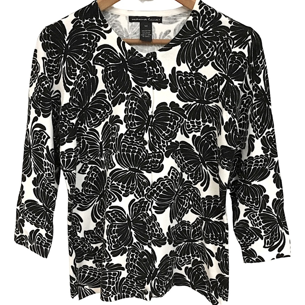 MARINA LUNA sz Medium Cardigan Sweater 3/4 Sleeves Black Butterflies Off White